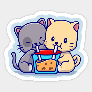 Cute Couple Cat Drink Boba Milk Tea Cartoon Sticker